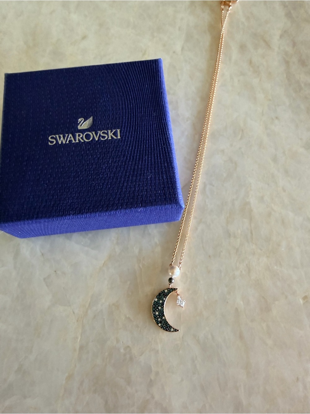 Swarovski Rose Gold Crescent Moon Necklace with Dark Green Crystals